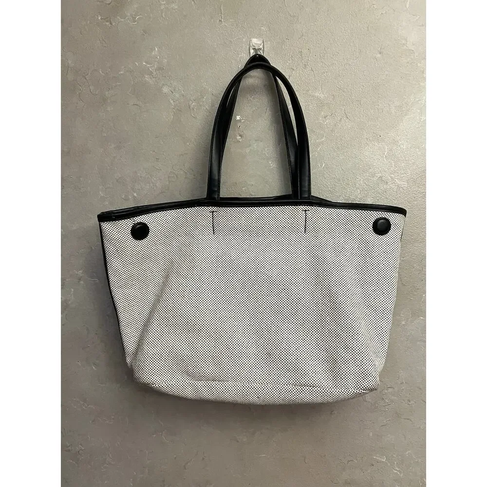Tory Burch Lonnie Large Perforated Canvas Mesh Logo Tote Bag White Black